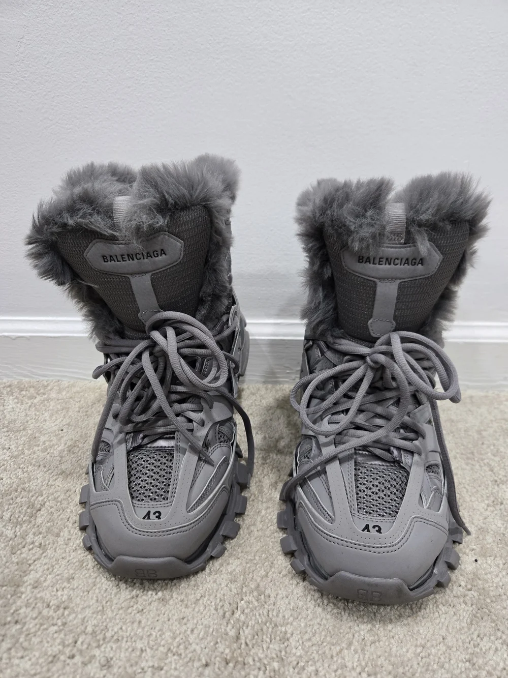 Balenciaga Gray Fur-Trim Trail Sneakers